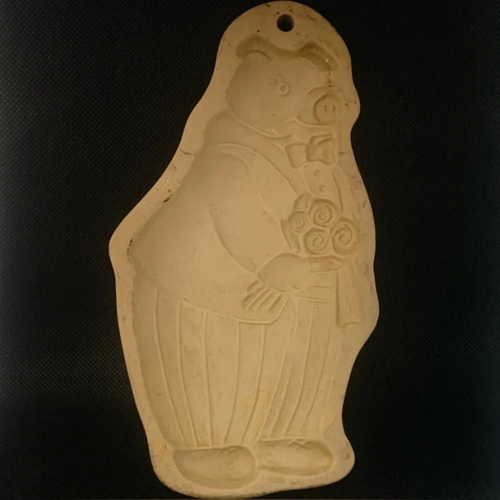 Vintage Brown Bag Cookie Art Stoneware 1994 Hill Design Craft Mold Pig Flowers